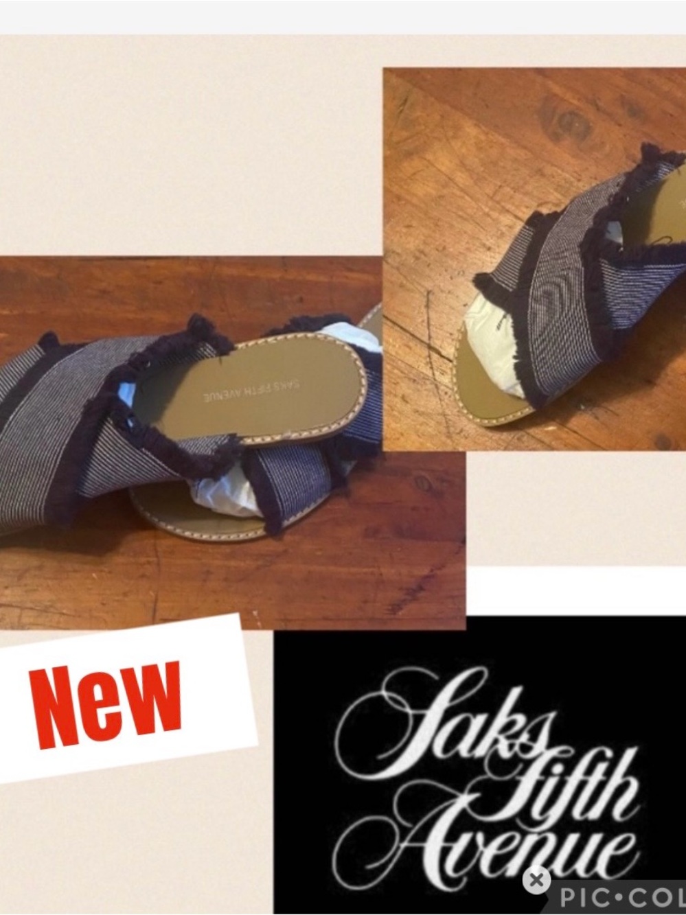 Saks Fifth Avenue Navy and White Frayed Slide Sandals